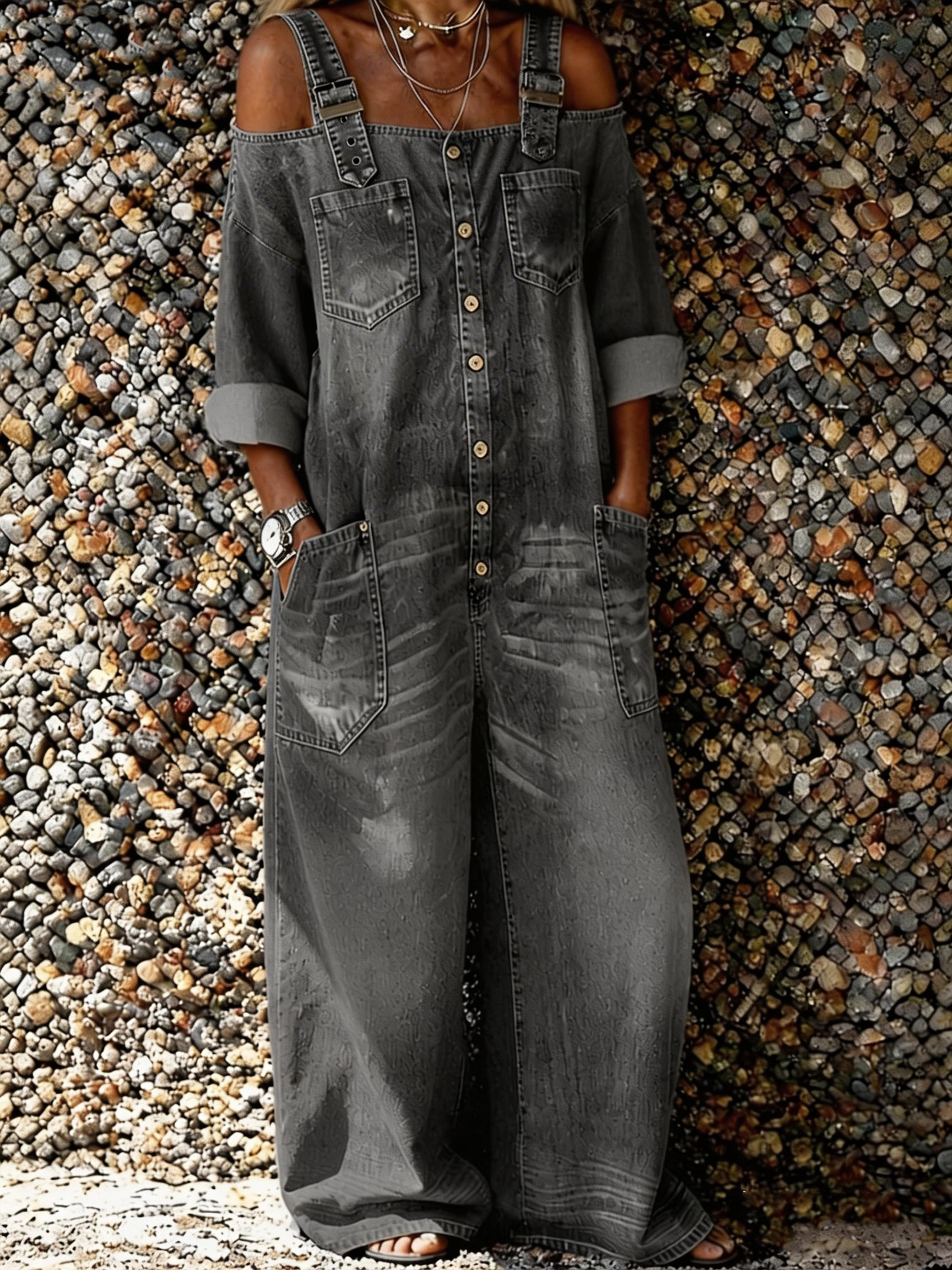 Women's Artistic Casual Long-sleeved Washed Cotton Denim Overalls Jumpsuit