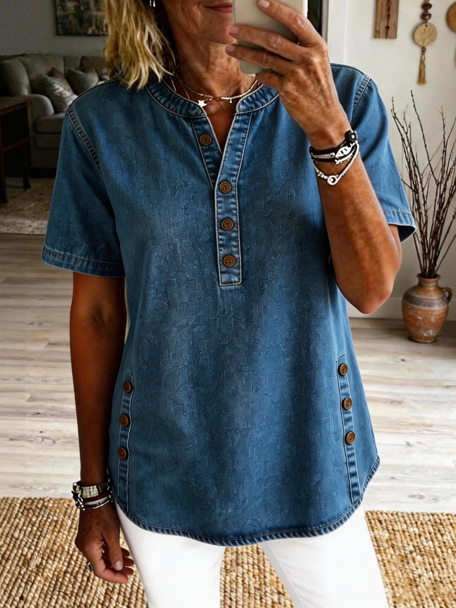 Women's Casual Short-sleeve Washed Cotton Denim Shirt
