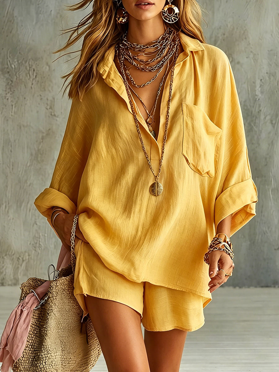 Comfortable & Loose-fitting Cotton-linen Two-piece Set