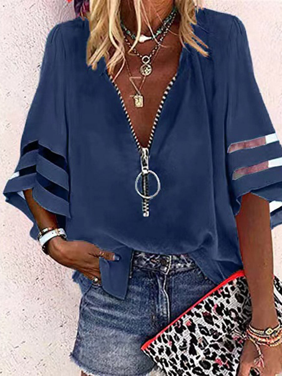 Loose Seven-Quarter Sleeves Hollow Solid Color Split-Joint Zipper Stand Collar Blouses&Shirts Tops