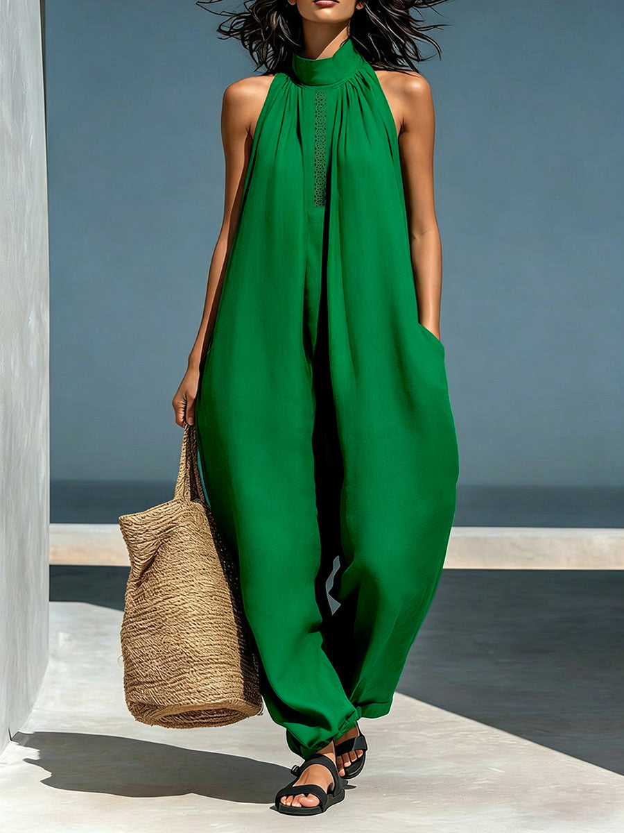 Loose Sleeveless Hollow Pockets Solid Color Mock Neck Jumpsuits