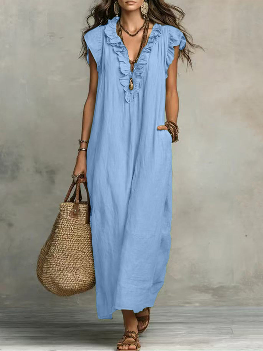 Loose Plus Size Pockets Ruffle Trim Solid Color V-Neck Maxi Dresses