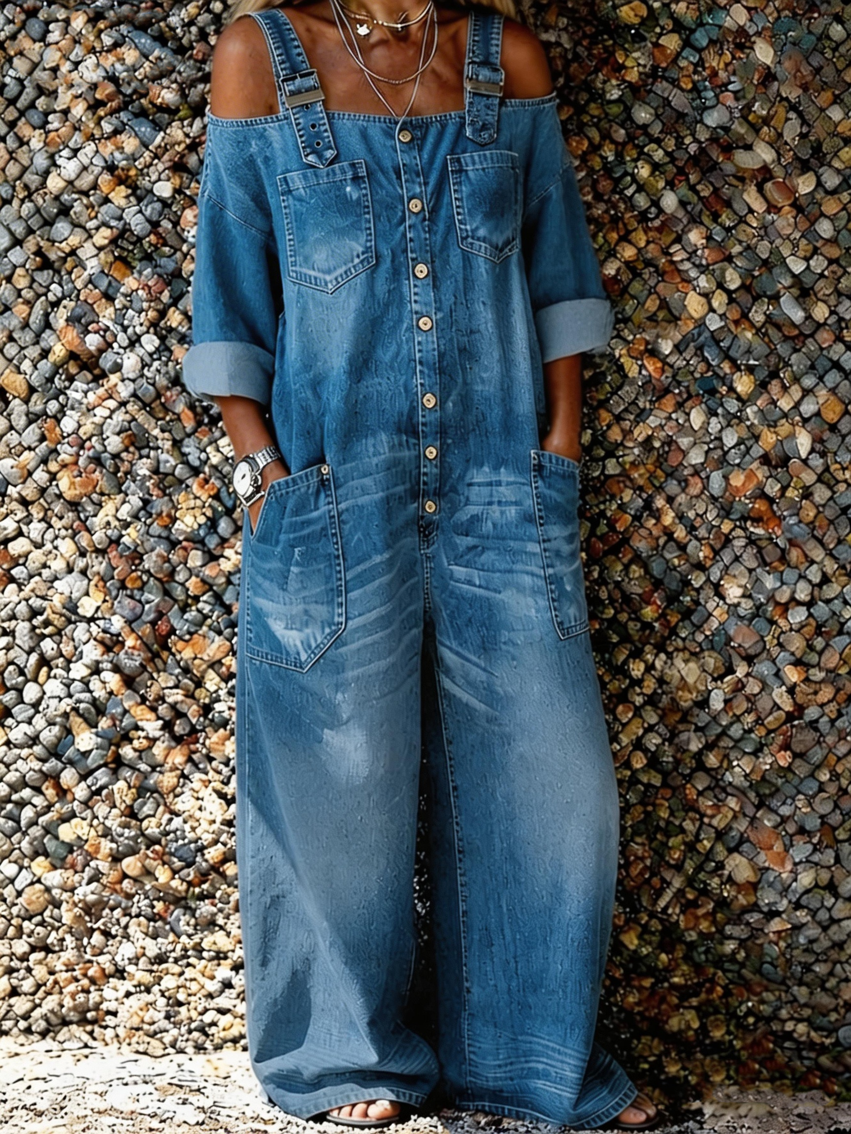 Women's Artistic Casual Long-sleeved Washed Cotton Denim Overalls Jumpsuit