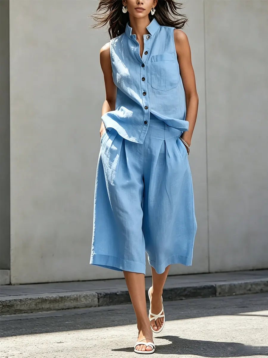 Women's Casual Sleeveless Simple Cotton Linen Shorts Set