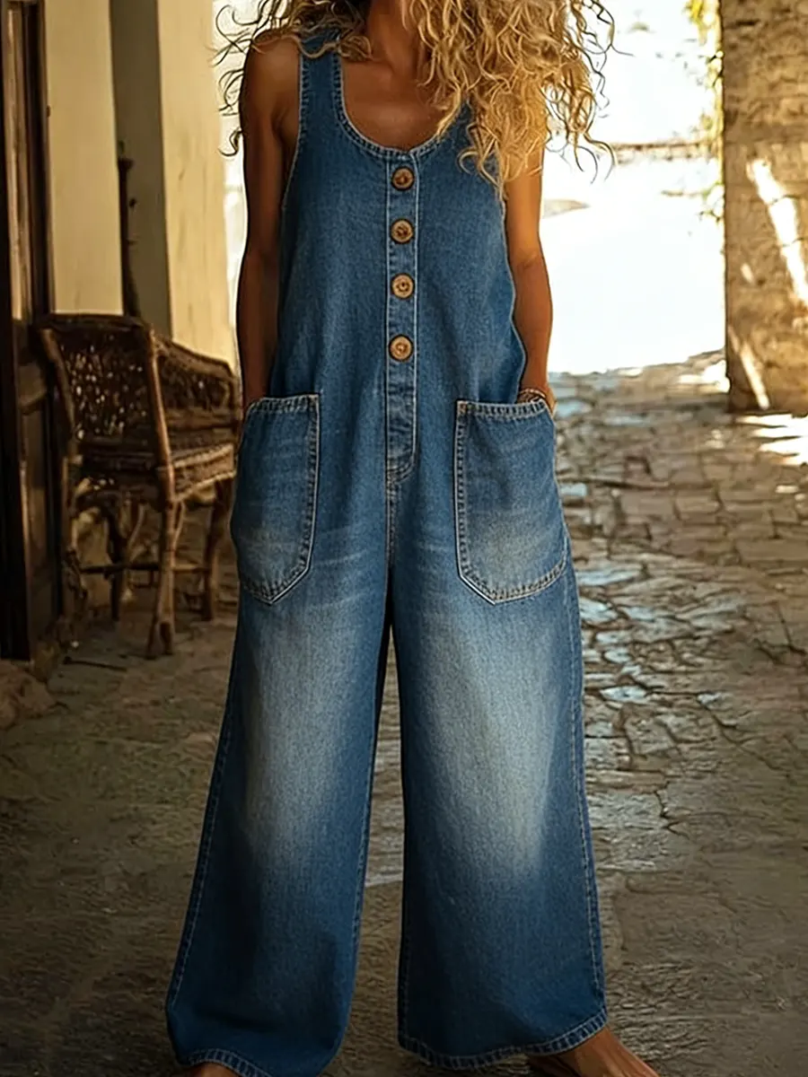 Vintage Washed Denim Jumpsuit | 70s Hippie Boho Style