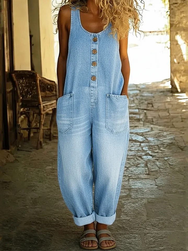 Vintage Washed Denim Jumpsuit | 70s Hippie Boho Style