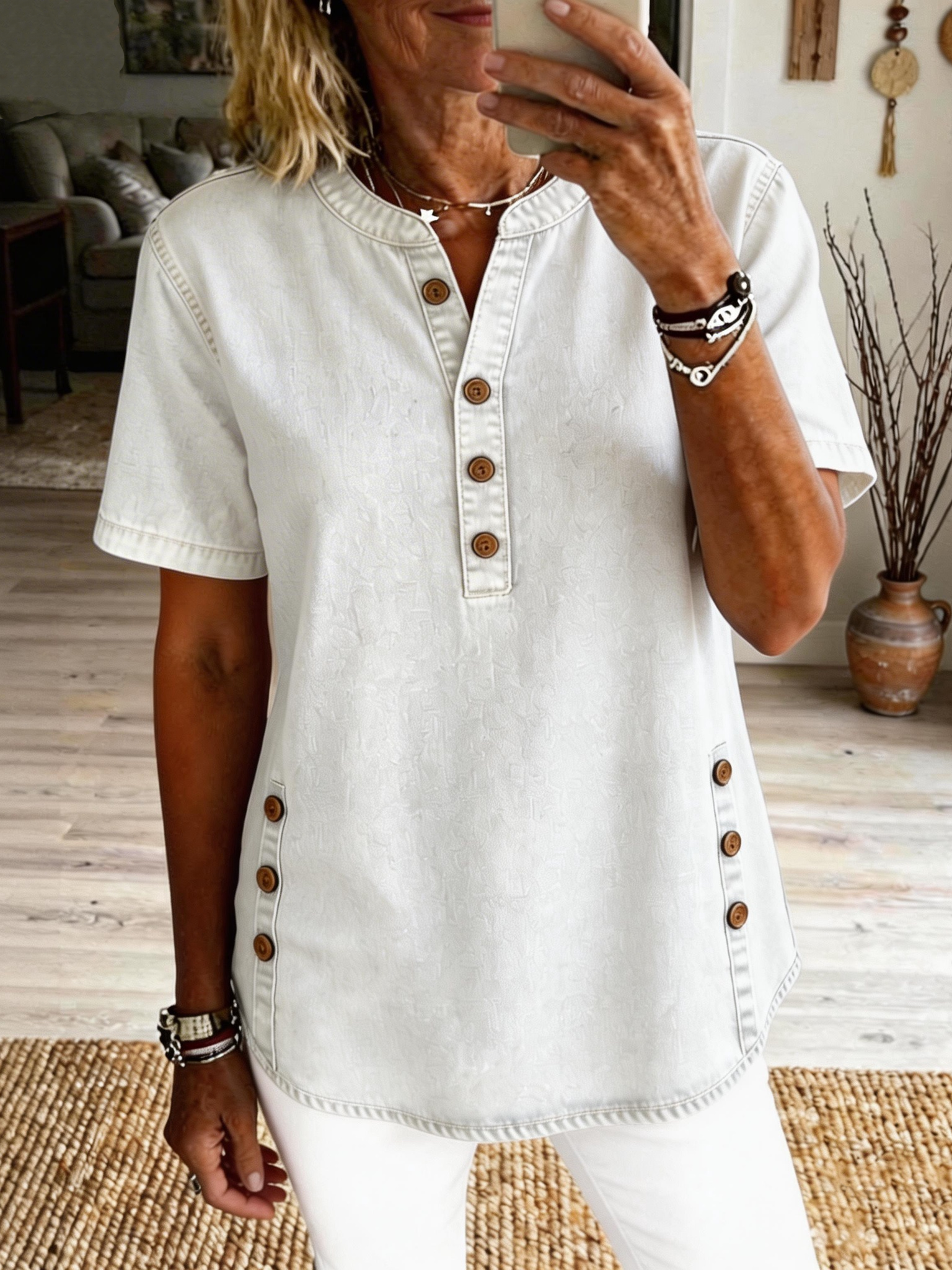 Women's Casual Short-sleeve Washed Cotton Denim Shirt