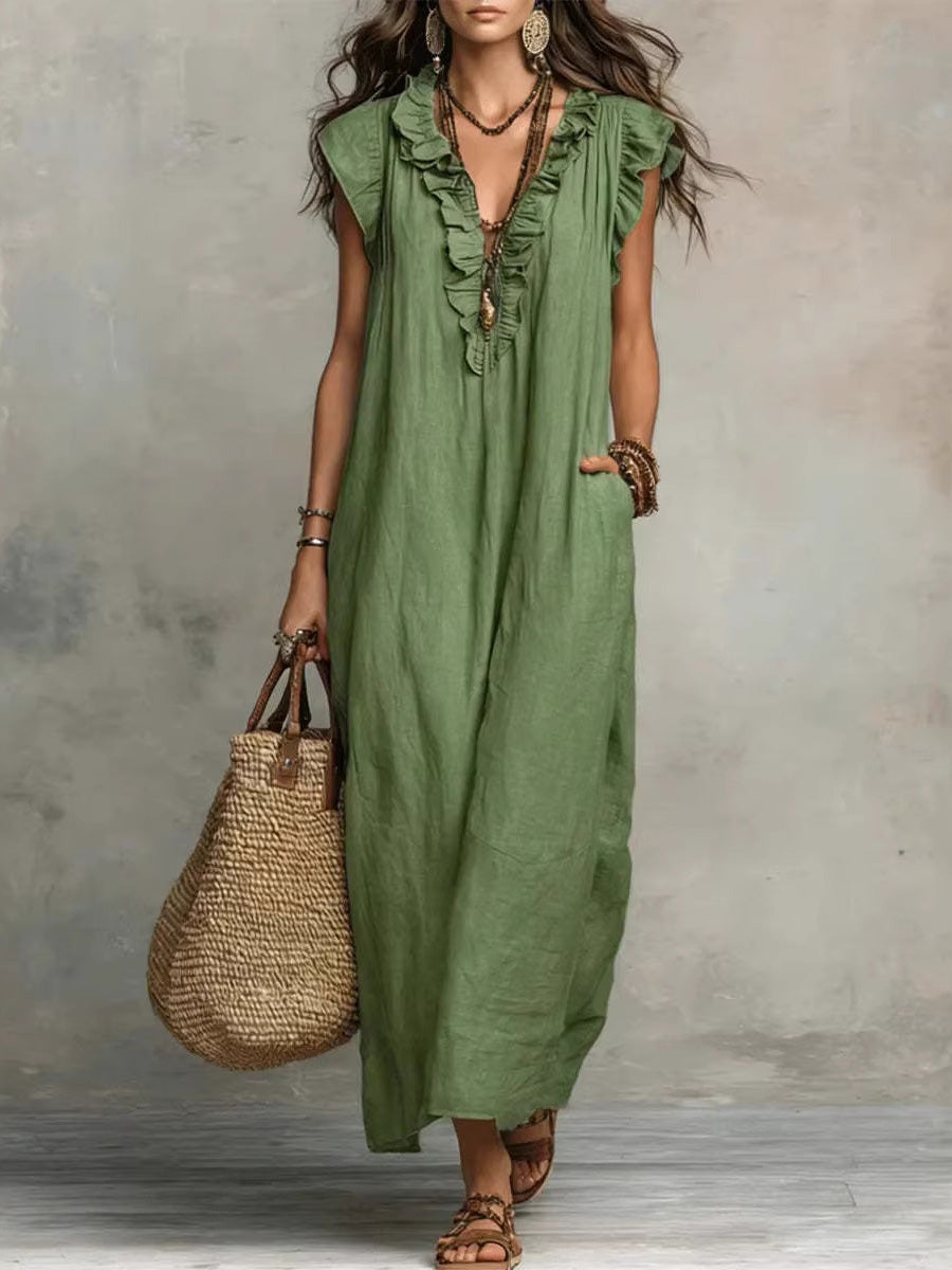 Loose Plus Size Pockets Ruffle Trim Solid Color V-Neck Maxi Dresses