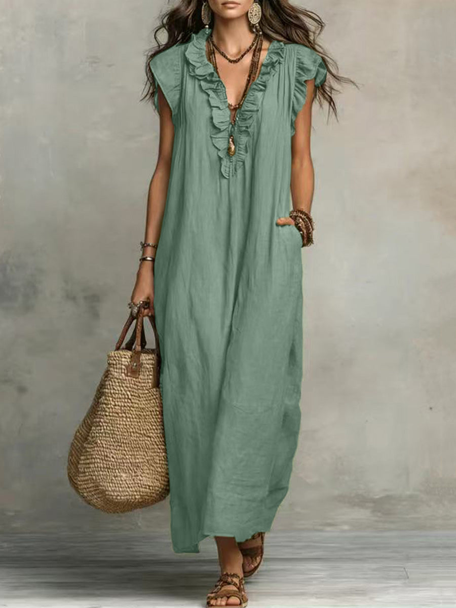 Loose Plus Size Pockets Ruffle Trim Solid Color V-Neck Maxi Dresses