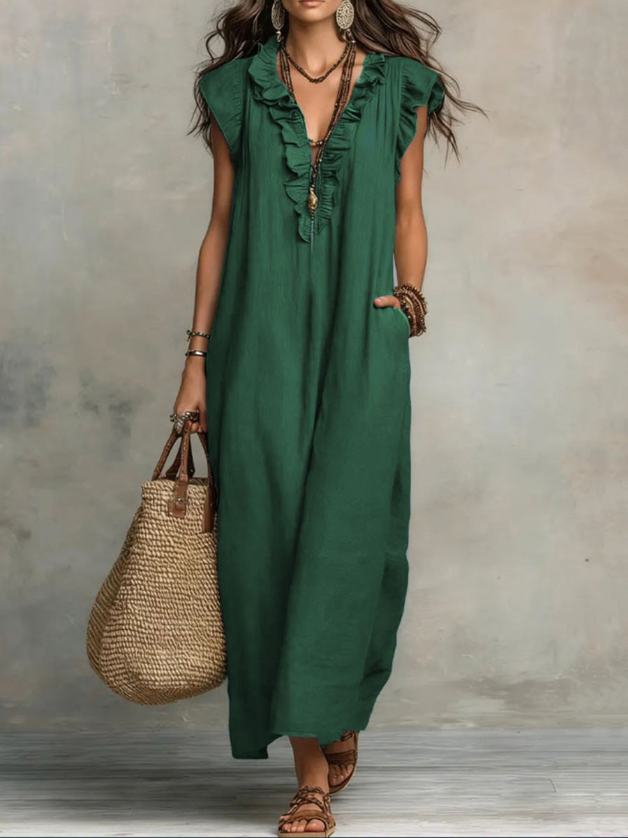 Loose Plus Size Pockets Ruffle Trim Solid Color V-Neck Maxi Dresses