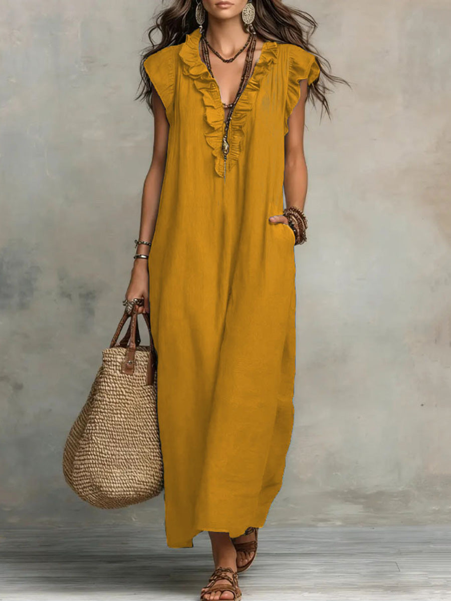 Loose Plus Size Pockets Ruffle Trim Solid Color V-Neck Maxi Dresses