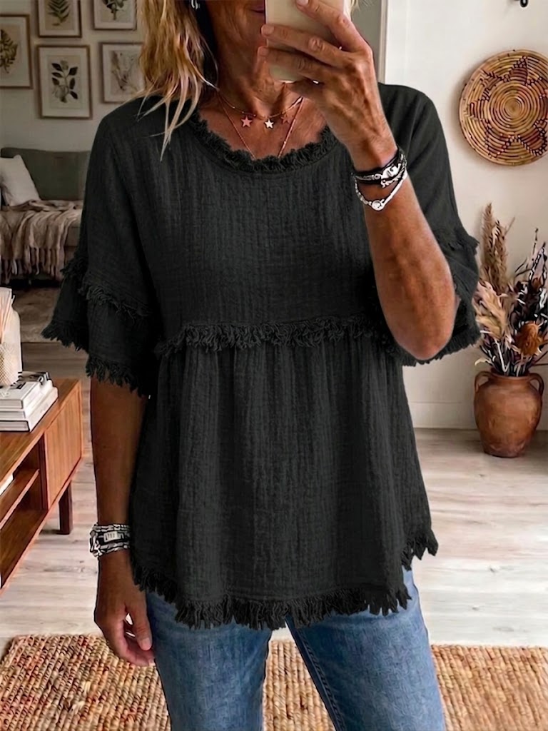 Vintage Frayed Cotton Linen Babydoll Top