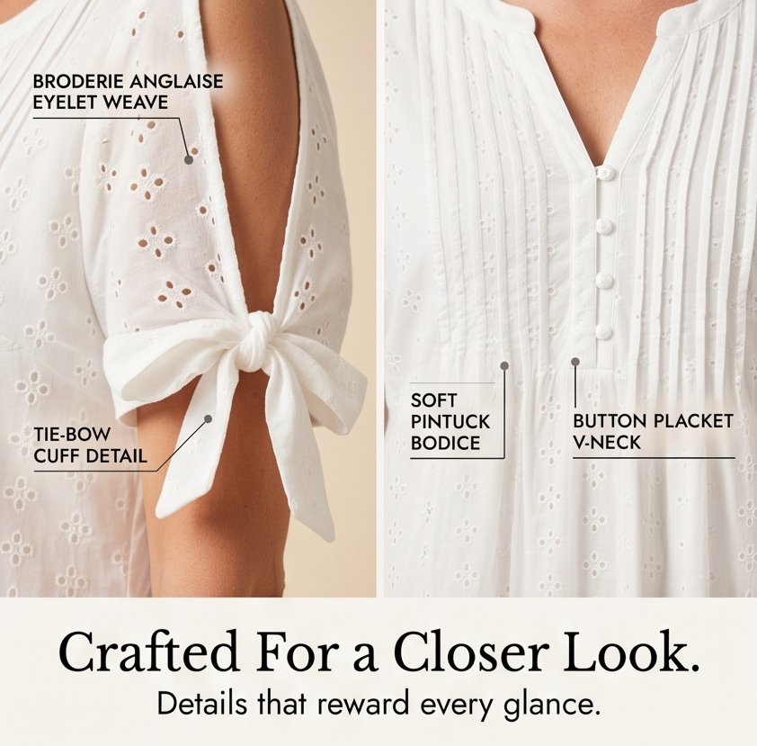 –Eyelet Midi Dress with Tie-Bow Sleeves
