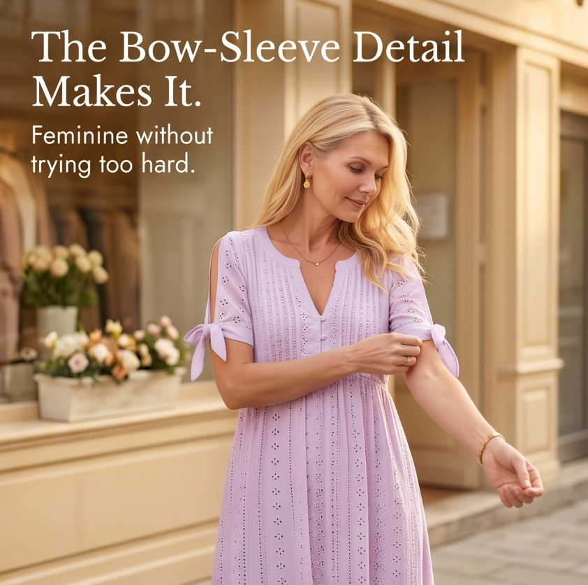 –Eyelet Midi Dress with Tie-Bow Sleeves