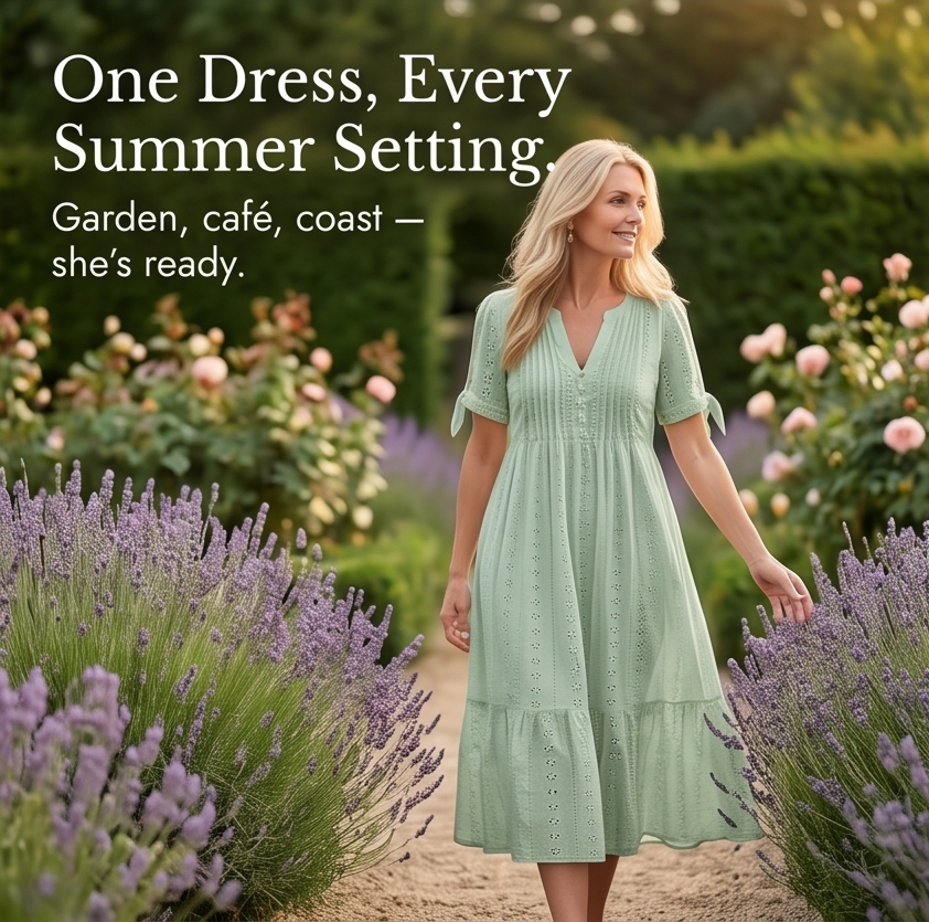 –Eyelet Midi Dress with Tie-Bow Sleeves