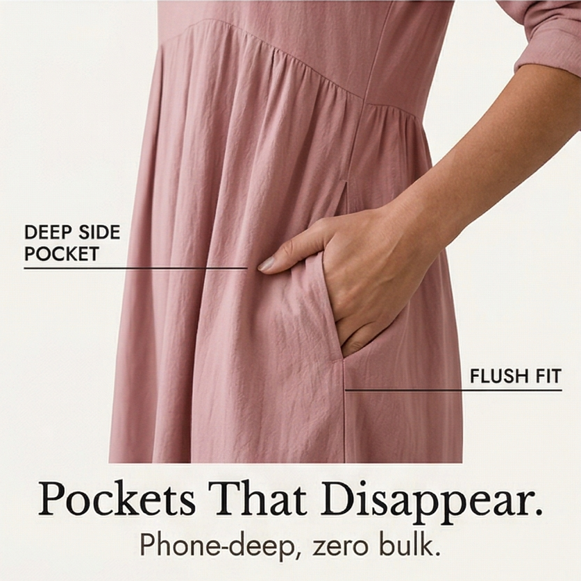 – Elara™ – Soft Cotton Midi Dress with Pockets