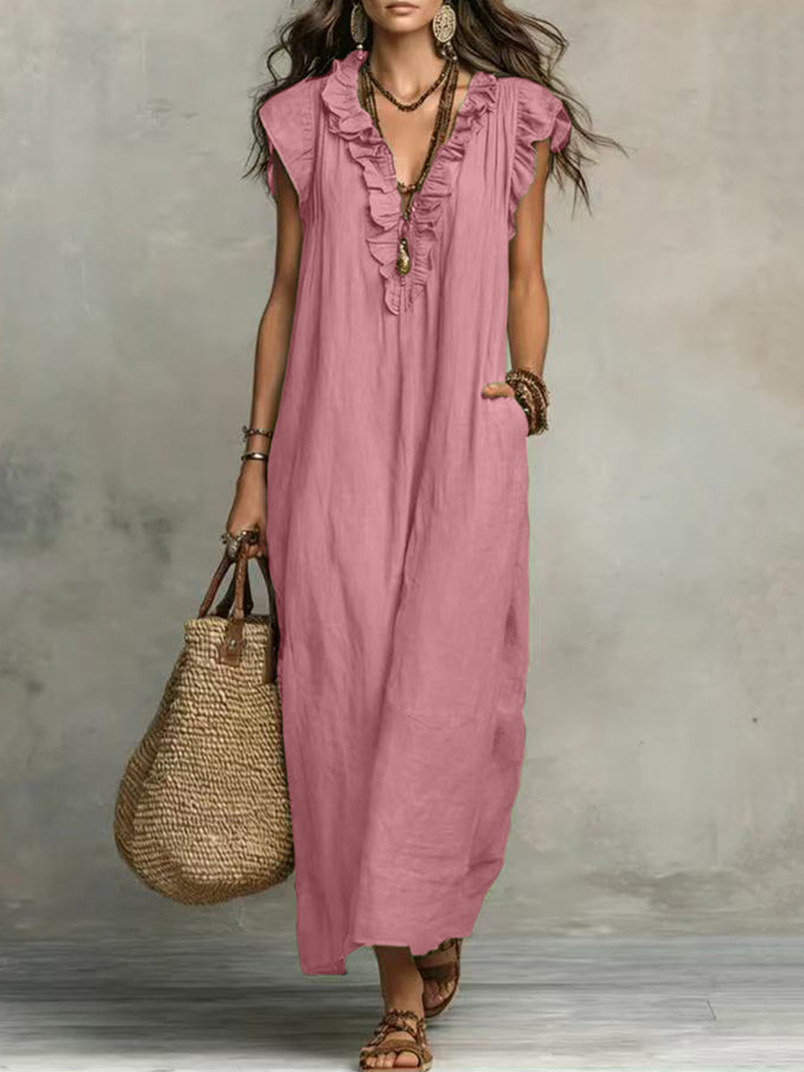 Loose Plus Size Pockets Ruffle Trim Solid Color V-Neck Maxi Dresses