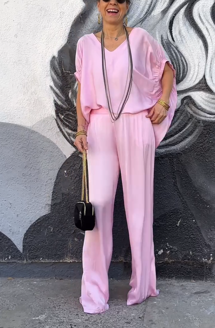Oversized Satin V-Neck Top & Wide-Leg Pants Two-Piece Set