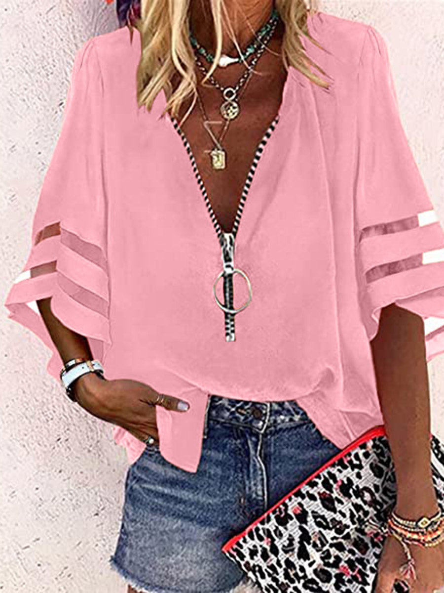 Loose Seven-Quarter Sleeves Hollow Solid Color Split-Joint Zipper Stand Collar Blouses&Shirts Tops