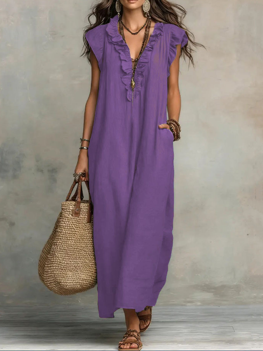 Loose Plus Size Pockets Ruffle Trim Solid Color V-Neck Maxi Dresses