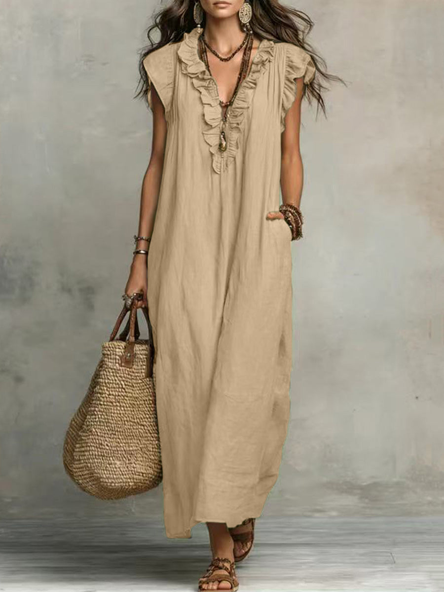 Loose Plus Size Pockets Ruffle Trim Solid Color V-Neck Maxi Dresses