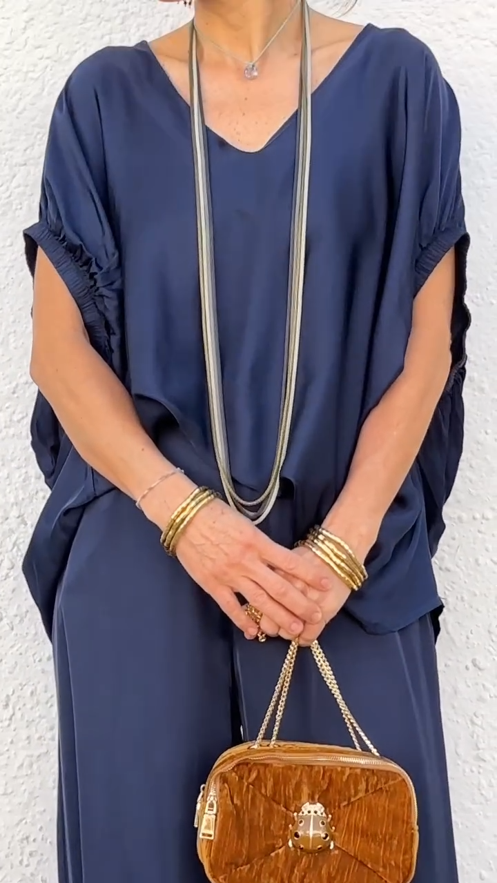 Oversized Satin V-Neck Top & Wide-Leg Pants Two-Piece Set