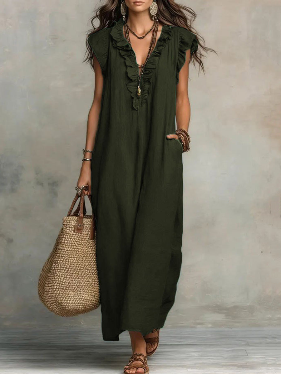 Loose Plus Size Pockets Ruffle Trim Solid Color V-Neck Maxi Dresses