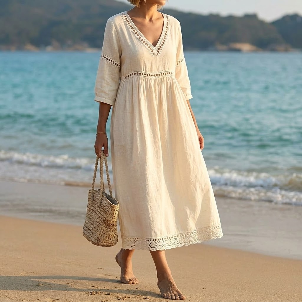 – Solmera™ – Crochet Trim Midi Dress