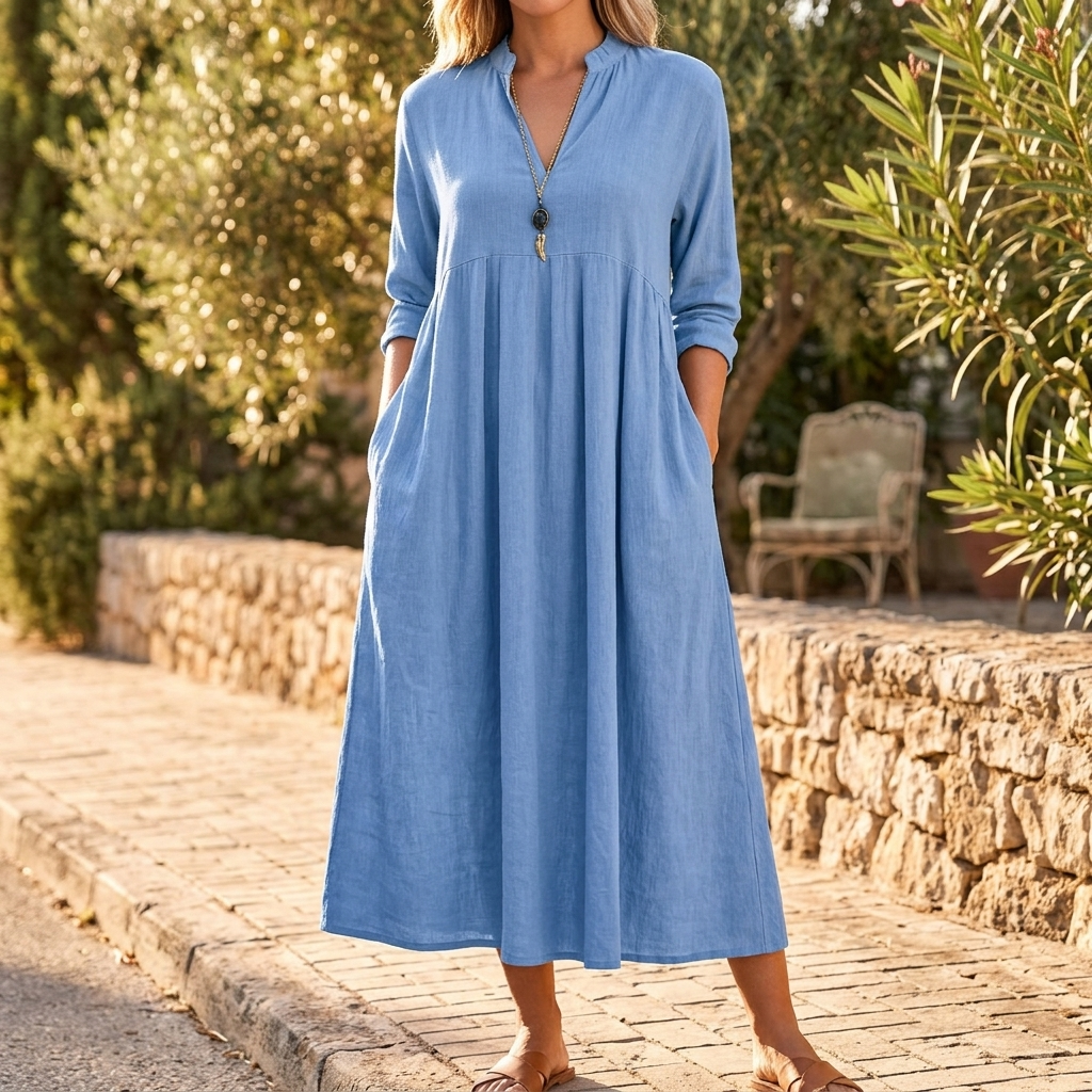 – Elara™ – Soft Cotton Midi Dress with Pockets