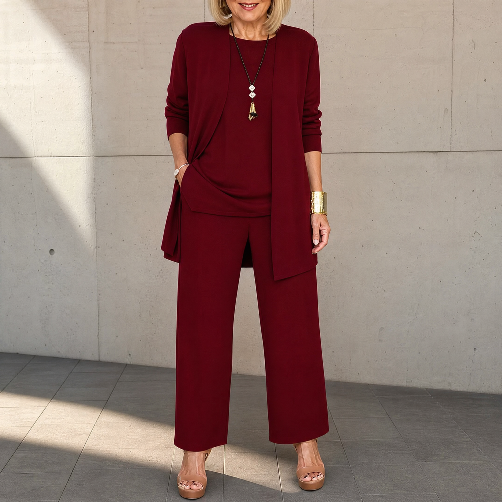 –Elegant 3-Piece Set with Drape Cardigan