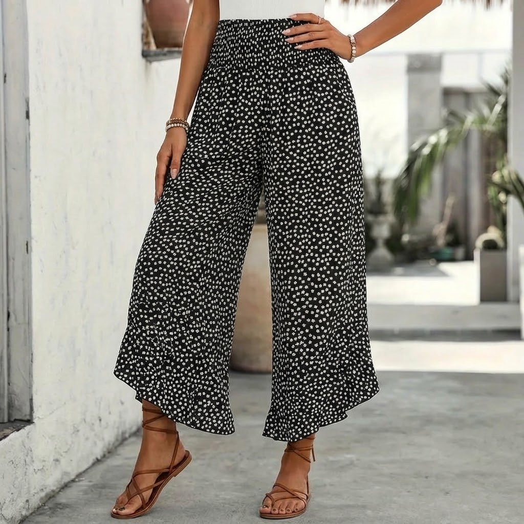 – Smocked Wide-Leg Ruffle Pants