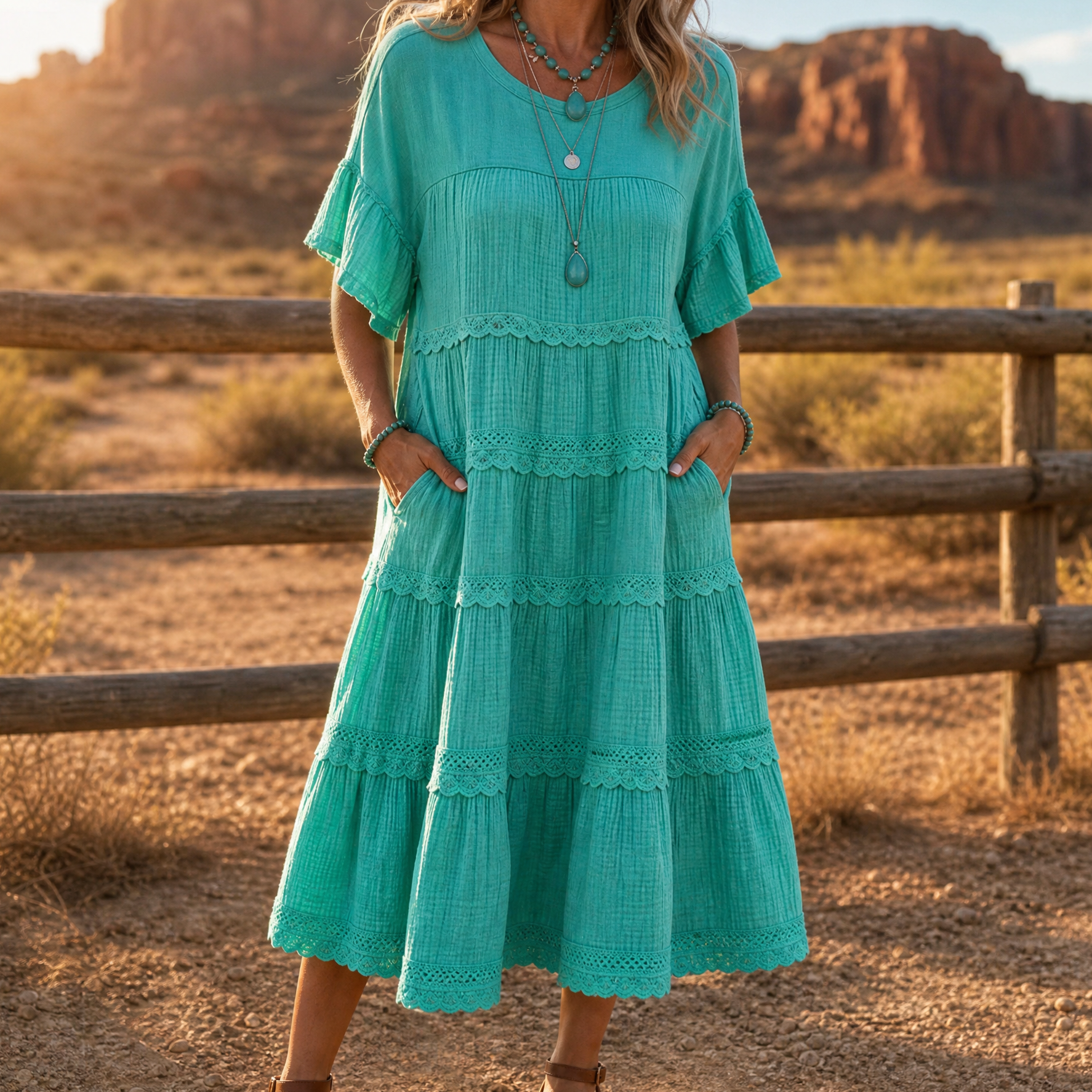 – Sundara™ Tiered Lace Midi Dress with Hidden Pockets