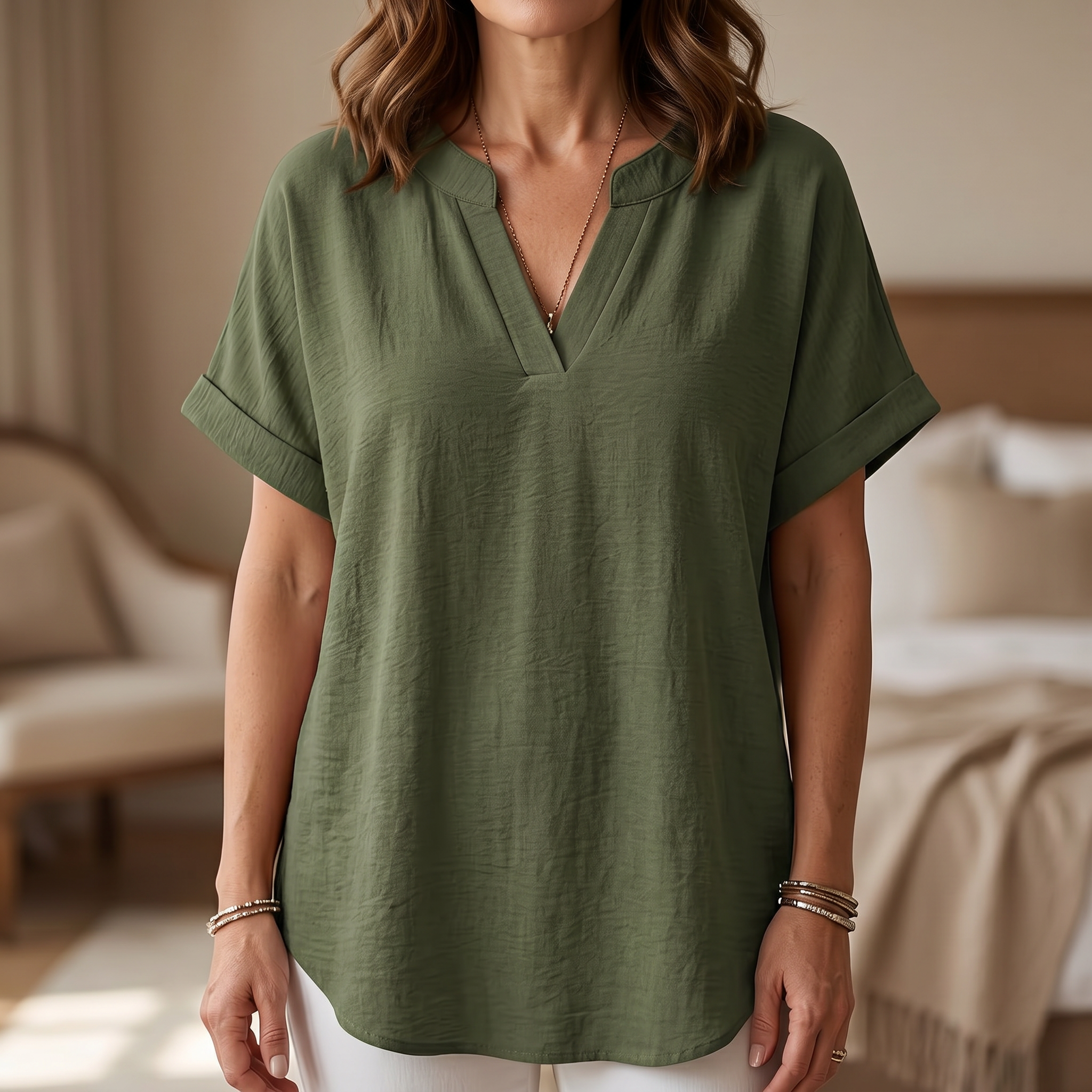 – Solenne™ Soft Drape V-Neck Blouse for Everyday Wear