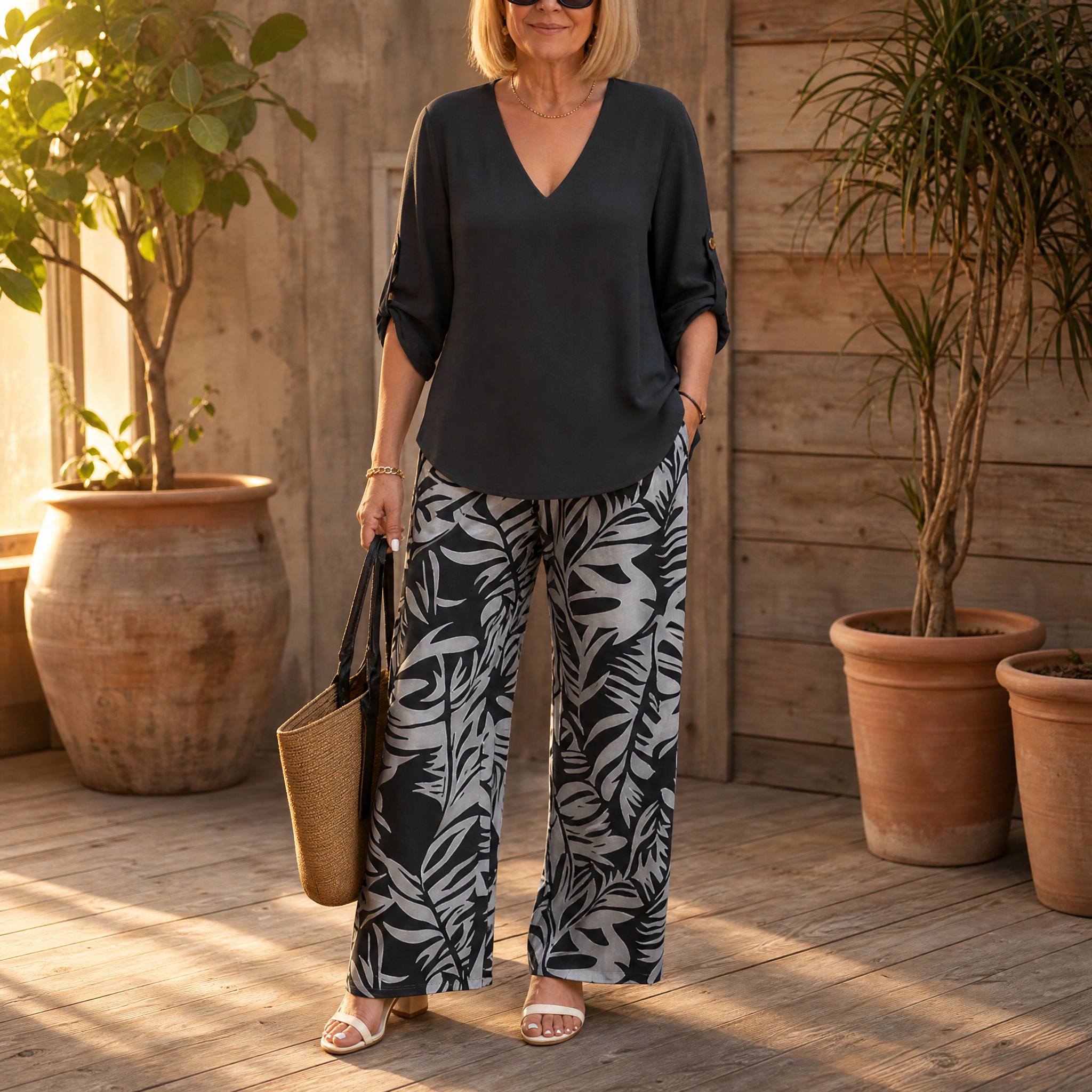 – Lark & Palm™ – V-Neck Top & Leaf-Print Wide-Leg Pants Set