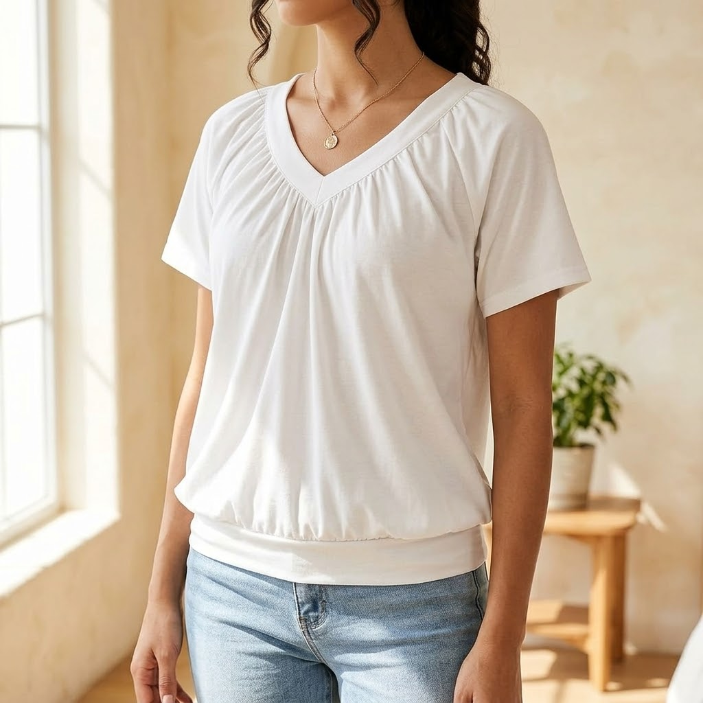 – Vivelyn™ – Pleated V Neck Blouson Top