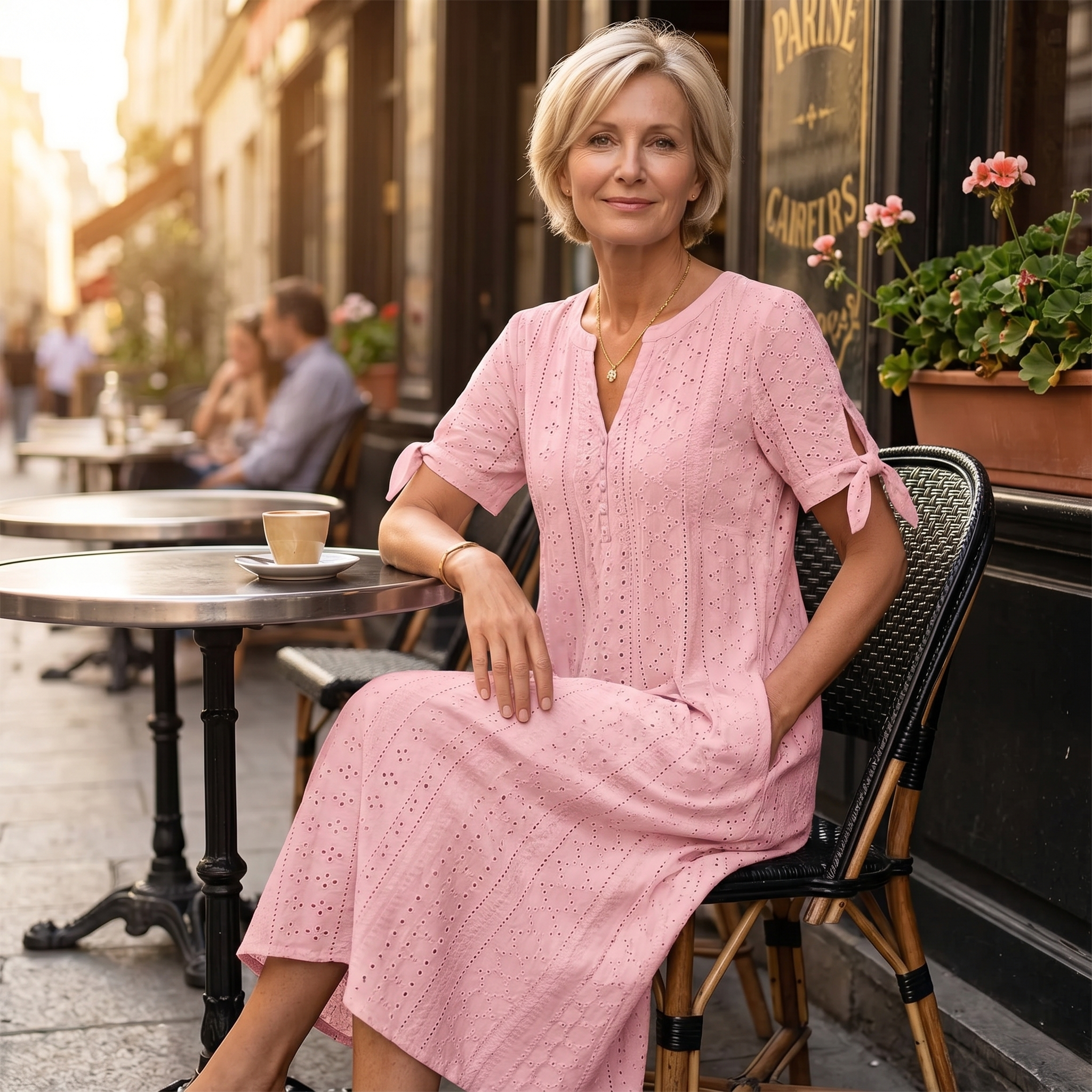 –Eyelet Midi Dress with Tie-Bow Sleeves