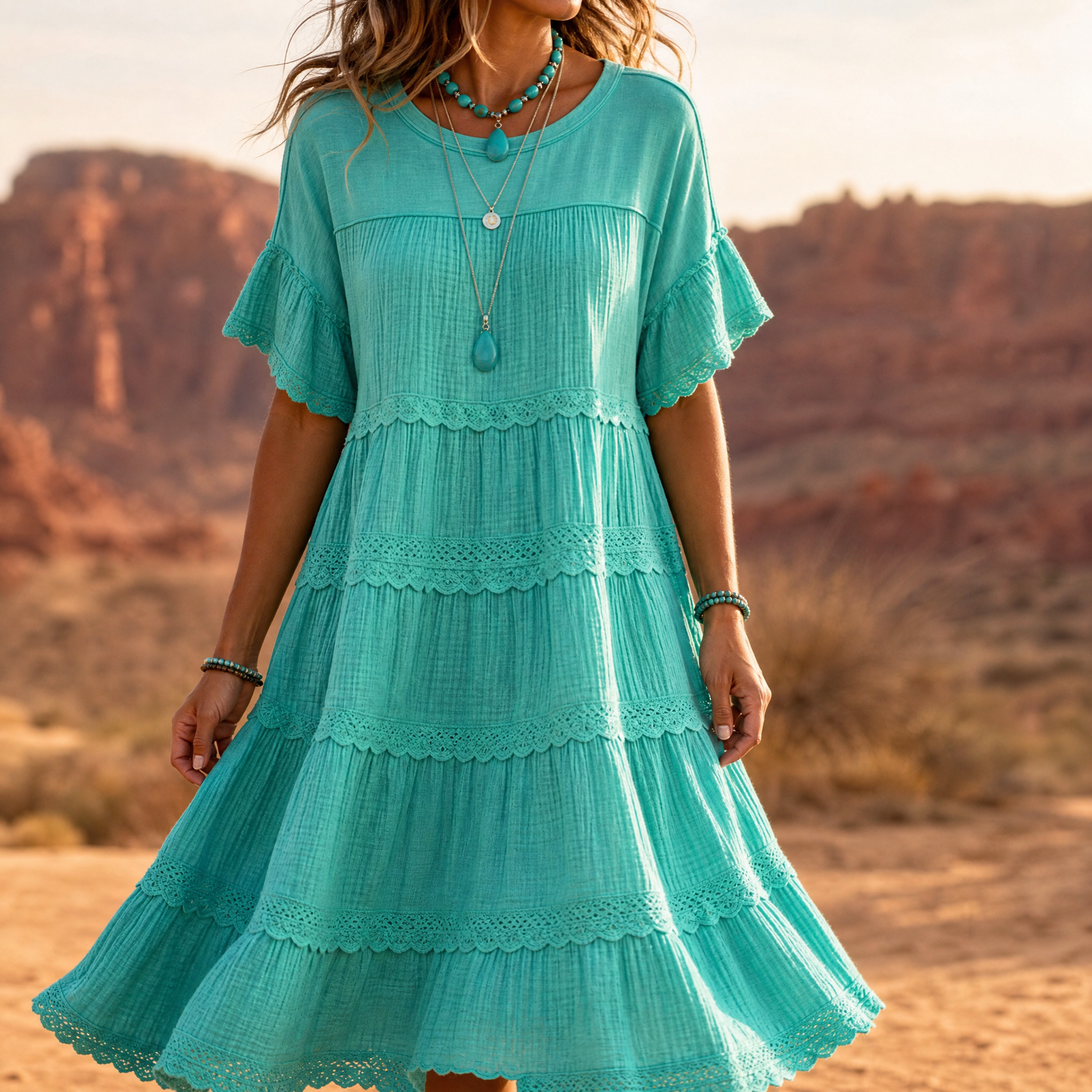 – Sundara™ Tiered Lace Midi Dress with Hidden Pockets