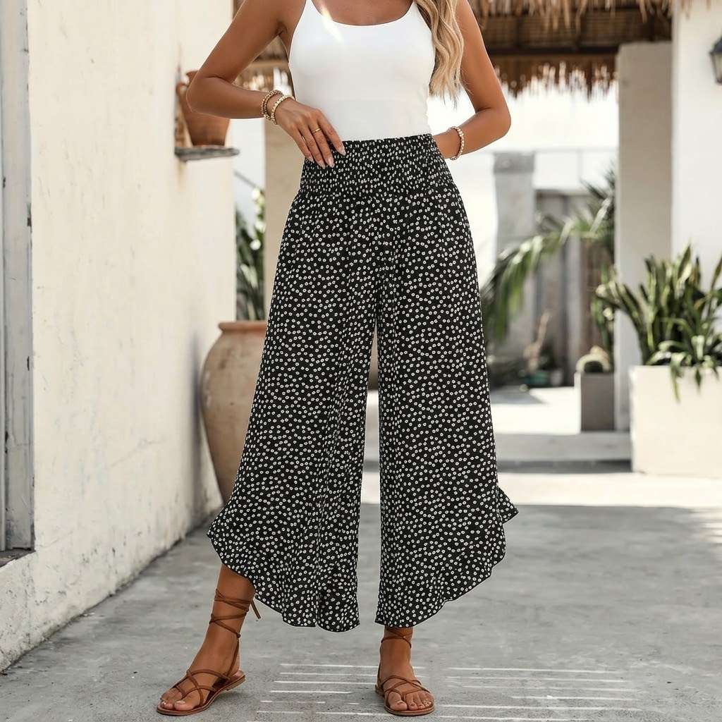 – Smocked Wide-Leg Ruffle Pants