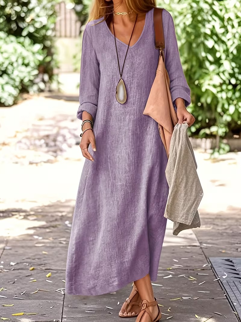 Women's Spring/Autumn V-Neck Vacation Style Long Sleeve Dress