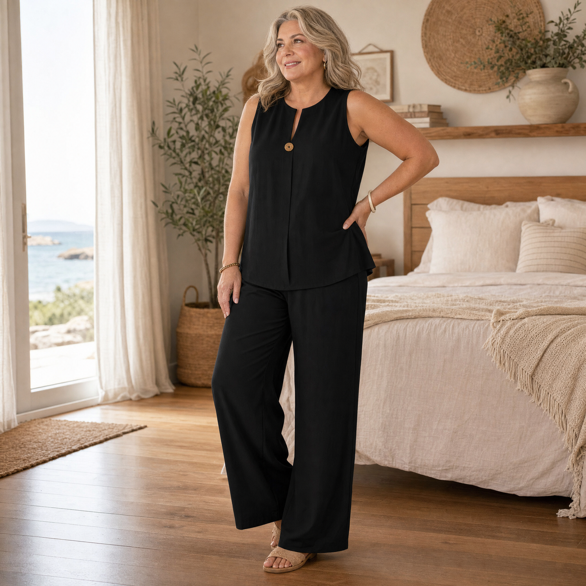 – Lunavia™ Sleeveless Linen Co-Ord Set with Wide-Leg Pants
