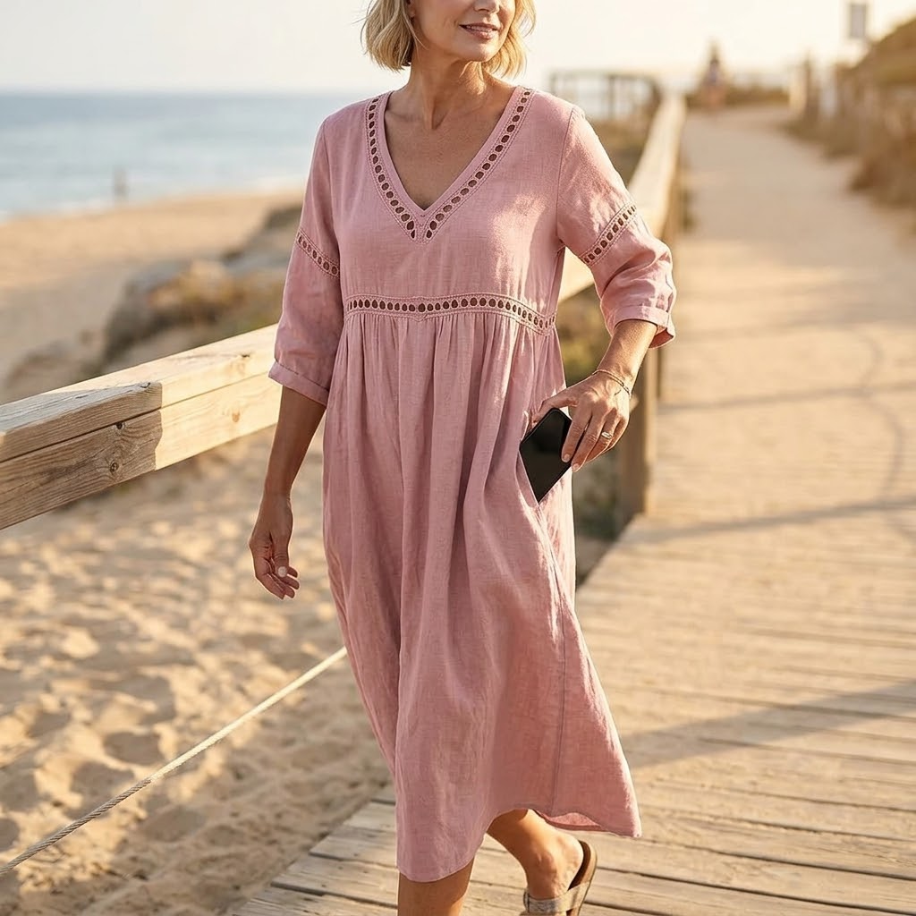 – Solmera™ – Crochet Trim Midi Dress