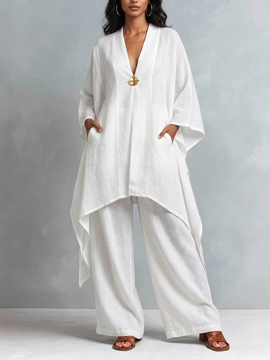 Women's Cotton-linen Asymmetrical Cardigan And Wide-leg Pants Set