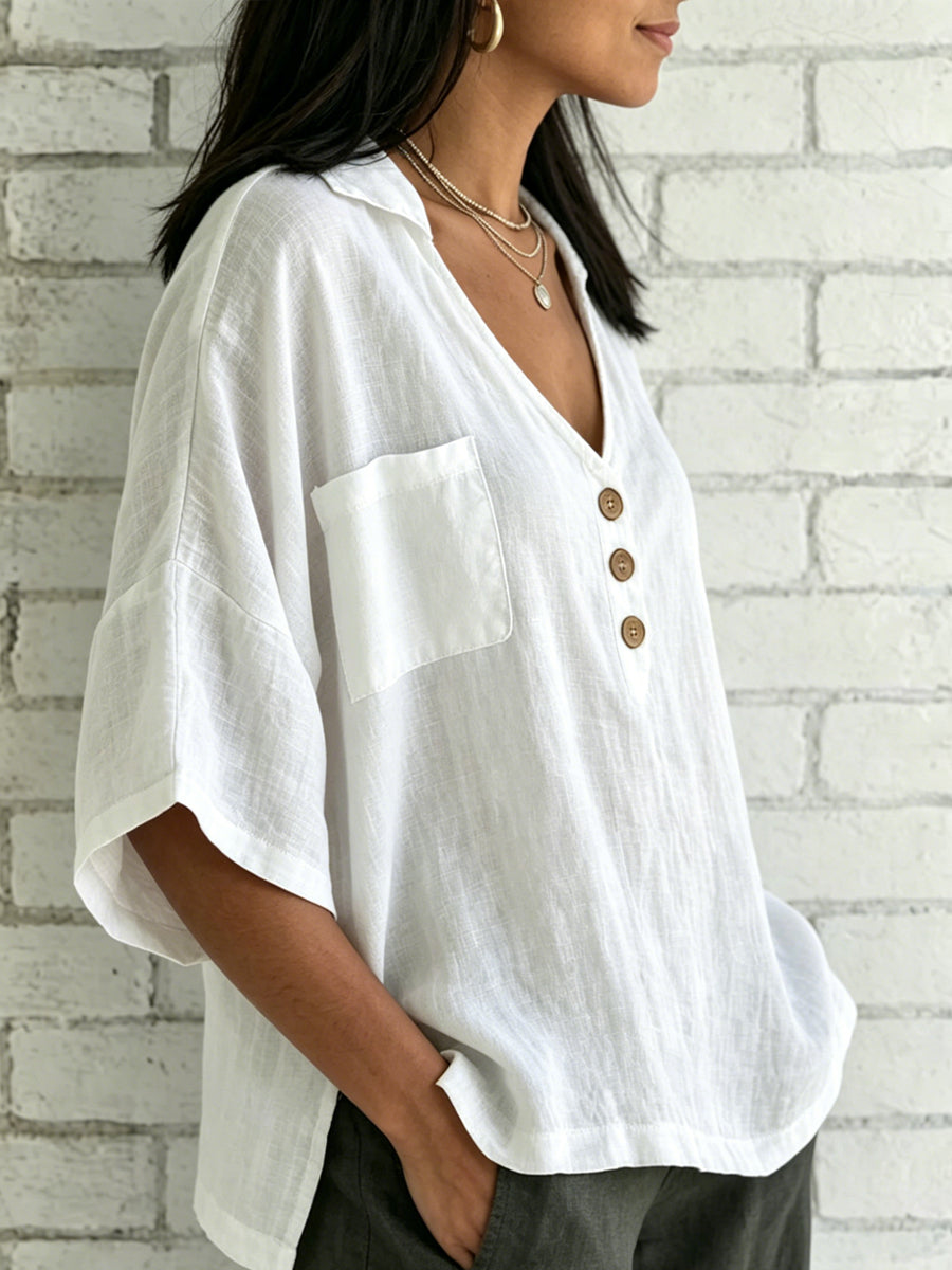 Women's Loose Cotton-linen V-neck Short-sleeve Shirt