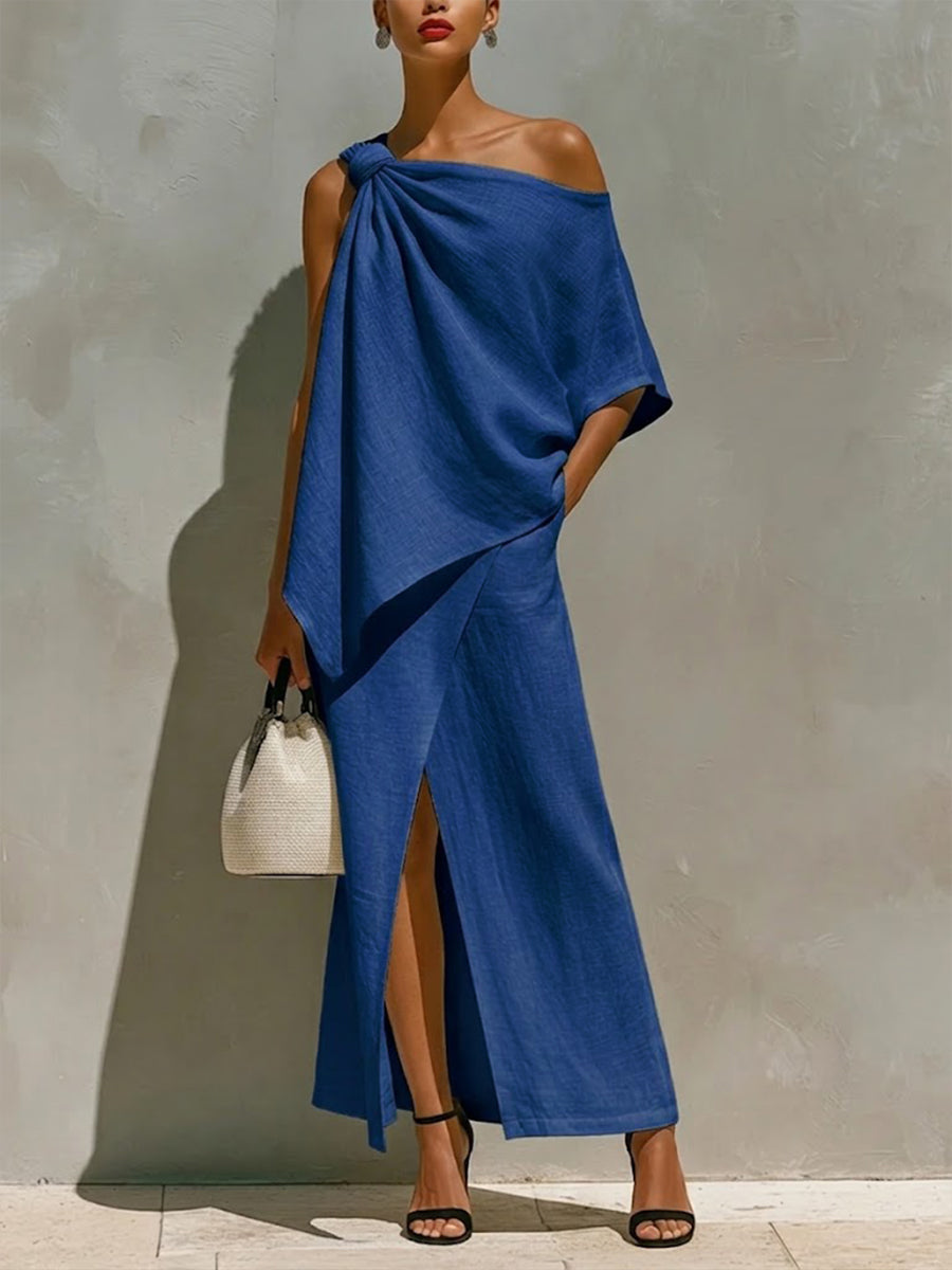 𝓕𝓪𝓷𝓴𝓲𝓽𝓽𝔂™ – Stylish Off-shoulder Linen & Cotton Top And Skirt Two-piece Set