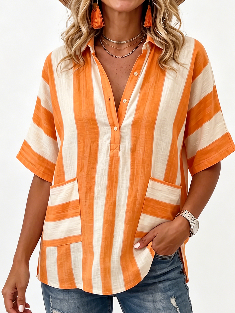 Casual Striped Cotton-linen Polo-collar Shirt