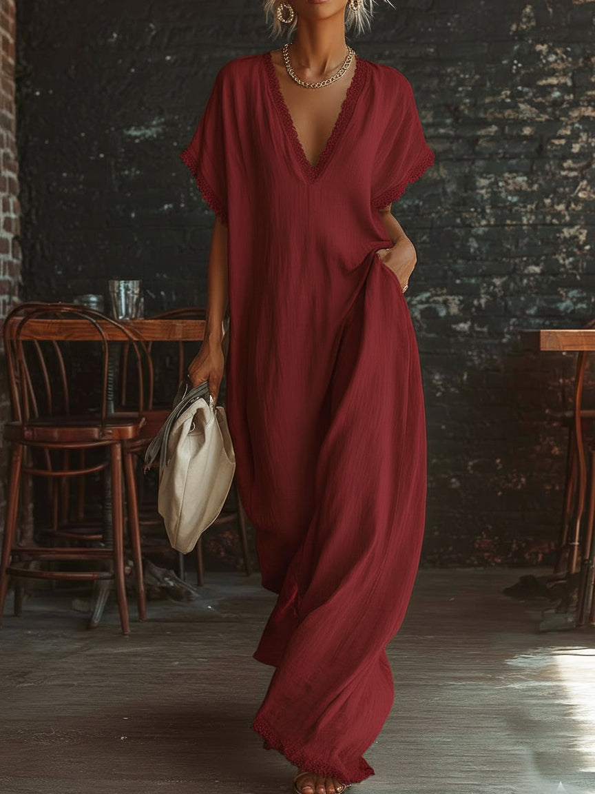– Elegant Cozy Lace-trimmed Loose Linen-cotton Maxi Dress