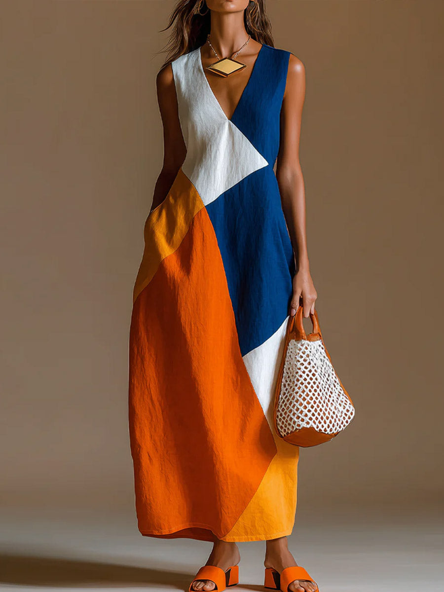 Women's Casual Loose Cotton-linen Dress With Geometric Color-block Print V-neck And Sleeveless Design