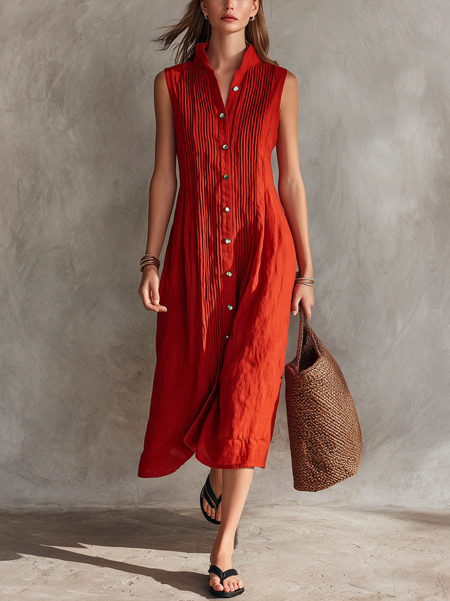 Women's Solid-color Stand-collar Sleeveless Casual Loose Pleated Cotton-linen Dress