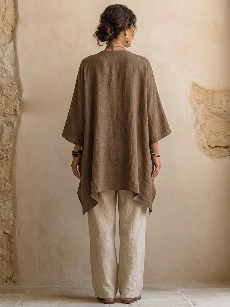 A Three-piece Set Featuring A Casual Cotton-linen Blend Cardigan, Trousers, And A Tank Top.