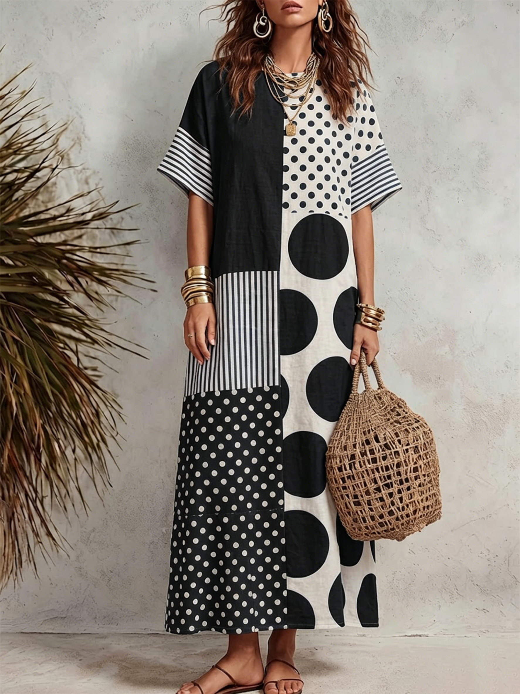 Loose-fitting Cotton Short-sleeve Dress Featuring Color-blocking, Polka Dots, And Stripes.